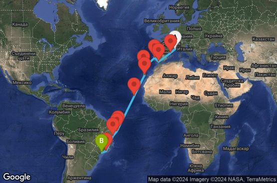 Маршрут на круиз 20 дни Франция, Испания, Португалия, Кабо Верде, Бразилия - MRS20A10