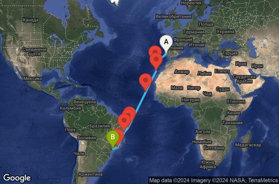 Маршрут на круиз 16 дни Португалия, Испания, Кабо Верде, Бразилия - LIS16A01