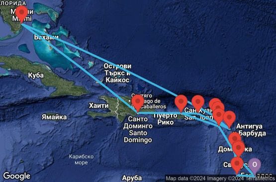 Маршрут на круиз 20 дни Барбадос, Мартиника, Сейнт Китс и Невис, Пуерто Рико, Британски вирджински острови, Антигуа и Барбуда, Сен Бертелеми, Ангуила, САЩ, Доминиканска република, Доминика, Сейнт Винсент и Гренадини - EX20251202BGIBGI