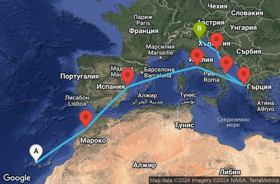 Маршрут на круиз 11 дни Испания, Мароко, Италия, Гърция, Хърватска - UWG6