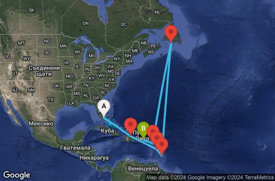 Маршрут на круиз 9 дни САЩ, Доминиканска република, Доминика, Барбадос, Сен Пиер и Микелон, Сейнт Китс и Невис, Пуерто Рико - EX20260212MIASJU