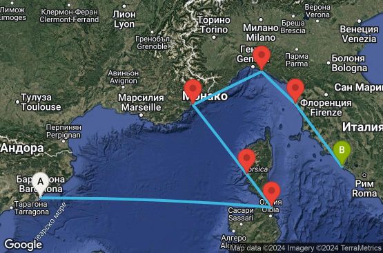 Маршрут на круиз 8 дни Испания, Италия, Франция - EX20260914BCNCVV