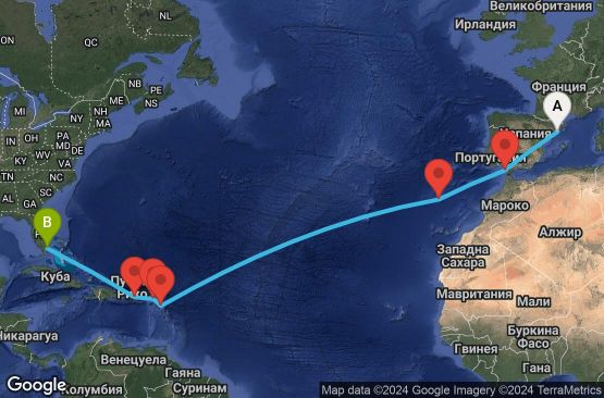 Маршрут на круиз 17 дни Испания, Португалия, Антигуа и Барбуда, Ангуила, Пуерто Рико, САЩ - EX20261101BCNMIA