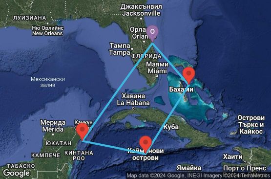 Маршрут на круиз 7 дни САЩ, Бахамските острови, Каймановите острови, Мексико - 07W682
