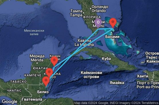 Маршрут на круиз 7 дни САЩ, Бахамските острови, Мексико, Белиз - 07W713