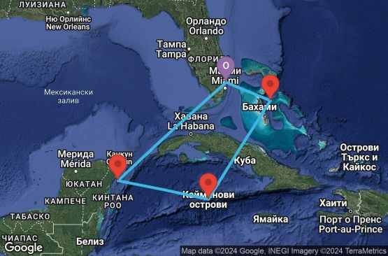 Маршрут на круиз 7 дни САЩ, Мексико, Каймановите острови, Бахамските острови - 07W679