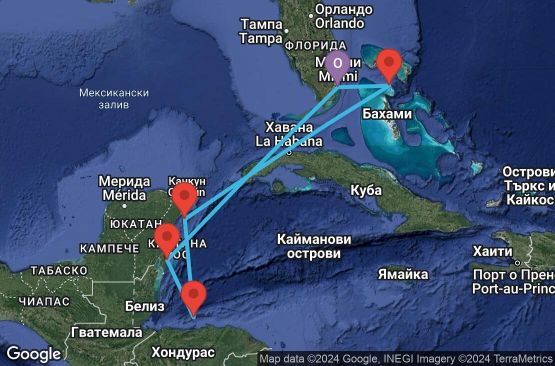 Маршрут на круиз 7 дни САЩ, Мексико, Хондурас, Бахамските острови - 07W699