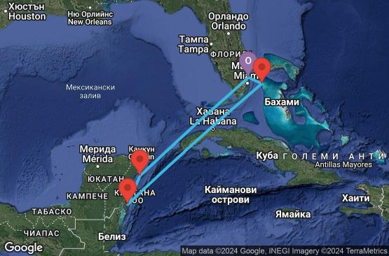Маршрут на круиз 6 дни САЩ, Мексико, Бахамските острови - 06W294