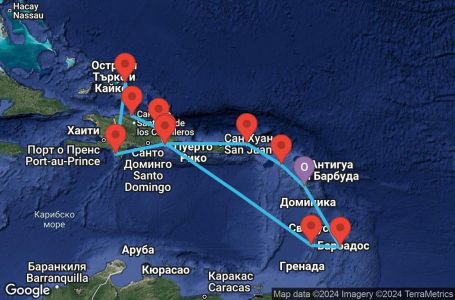 Маршрут на круиз 14 дни Гваделупа, Сейнт Китс и Невис, Британски вирджински острови, Доминиканска република, Търкс и Кайкос, Сейнт Винсент и Гренадини, Барбадос - PTP14A37