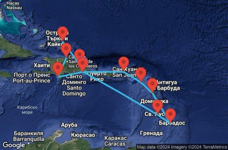 Маршрут на круиз 14 дни Доминиканска република, Търкс и Кайкос, Сейнт Лусия, Барбадос, Гваделупа, Сейнт Китс и Невис, Британски вирджински острови - LRM14A1W