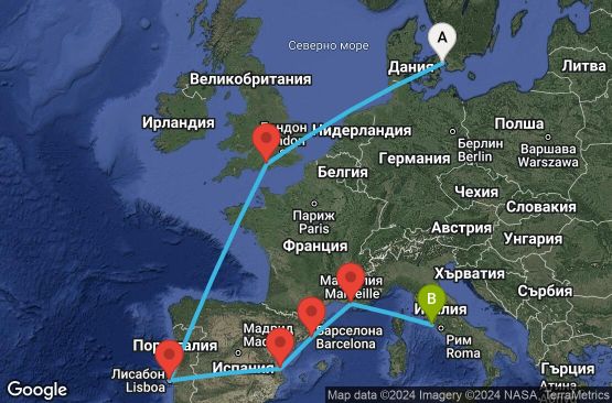 Маршрут на круиз 11 дни Дания, Великобритания, Португалия, Испания, Франция, Италия - UWHC