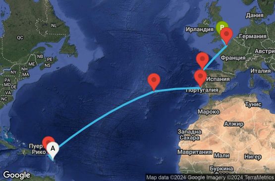 Маршрут на круиз 15 дни Гваделупа, Холандски Антили, Португалия, Испания, Франция, Великобритания - UTLX