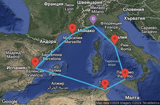 Маршрут на круиз 7 дни Италия, Франция, Испания, Тунис - SVN07A4R