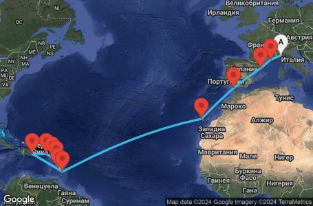 Маршрут на круиз 22 дни Италия, Франция, Испания, Барбадос, Доминиканска република, Сейнт Лусия, Гваделупа, Сейнт Китс и Невис, Британски вирджински острови - SVN22A0F