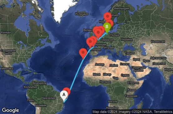 Маршрут на круиз 20 дни Бразилия, Португалия, Испания, Великобритания, Франция, Белгия, Дания, Норвегия, Германия - UWK4