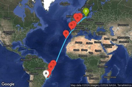 Маршрут на круиз 21 дни Бразилия, Португалия, Испания, Великобритания, Франция, Белгия, Дания - UWJ7