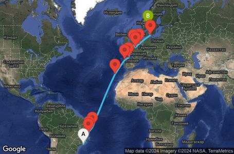 Маршрут на круиз 21 дни Бразилия, Португалия, Испания, Великобритания, Франция, Белгия, Дания, Норвегия - UWK1
