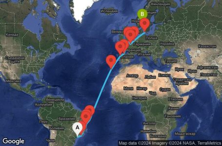 Маршрут на круиз 22 дни Бразилия, Португалия, Испания, Великобритания, Франция, Белгия, Дания, Норвегия - UWJX