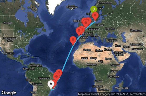 Маршрут на круиз 22 дни Бразилия, Португалия, Испания, Великобритания, Франция, Белгия, Дания, Норвегия - UWJX