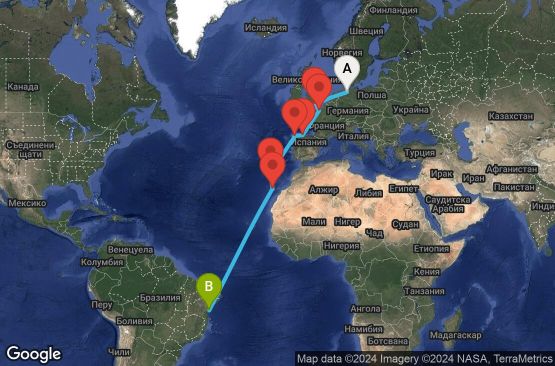 Маршрут на круиз 16 дни Германия, Великобритания, Франция, Испания, Португалия, Бразилия - UWK8