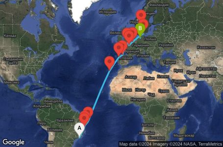 Маршрут на круиз 23 дни Бразилия, Португалия, Испания, Великобритания, Франция, Белгия, Дания, Норвегия, Германия - UWJD