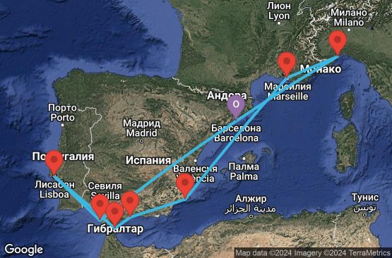 Маршрут на круиз 11 дни Испания, Португалия, Гибралтар, Франция, Италия - BCN11A0S