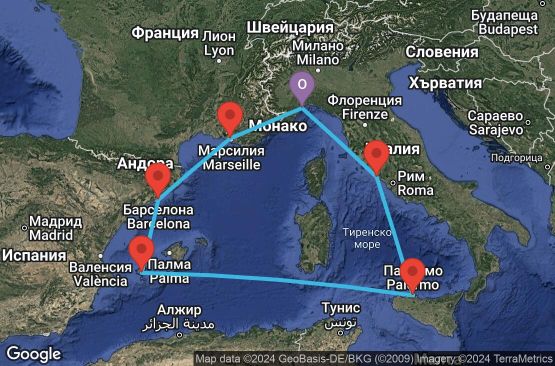Маршрут на круиз 7 дни Италия, Франция, Испания - SVN07A4D