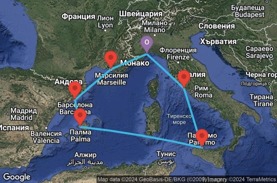 Маршрут на круиз 7 дни Италия, Франция, Испания - SVN07A4C