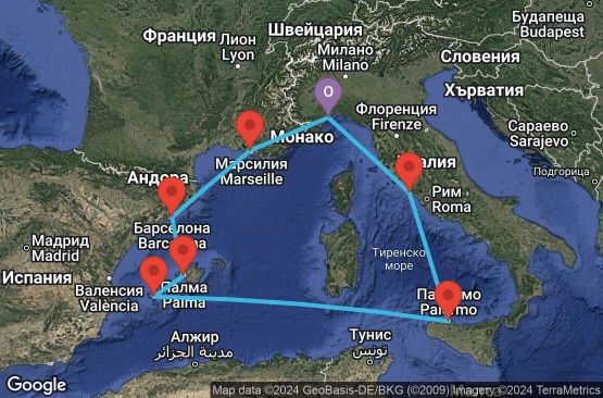 Маршрут на круиз 8 дни Италия, Франция, Испания - SVN08A0B