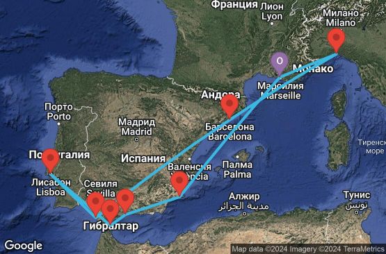 Маршрут на круиз 11 дни Франция, Италия, Испания, Португалия, Гибралтар - MRS11A0C