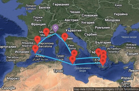 Маршрут на круиз 14 дни Италия, Гърция, Малта, Испания, Франция - SVN14A3T