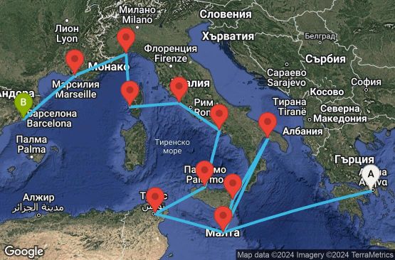 Маршрут на круиз 13 дни Гърция, Малта, Италия, Тунис, Франция, Испания - ATH13A0C