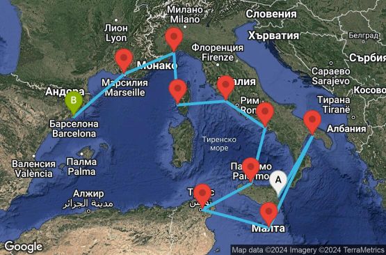Маршрут на круиз 10 дни Италия, Малта, Тунис, Франция, Испания - CTA10A06