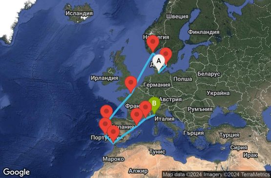 Маршрут на круиз 12 дни Германия, Дания, Норвегия, Франция, Испания, Португалия, Италия - KEL12A0E