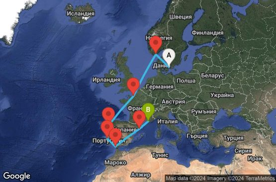 Маршрут на круиз 10 дни Дания, Норвегия, Франция, Испания, Португалия - CPH10A08