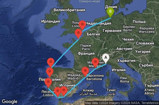 Маршрут на круиз 13 дни Италия, Франция, Испания, Португалия, Великобритания, Германия - SVN13A0O