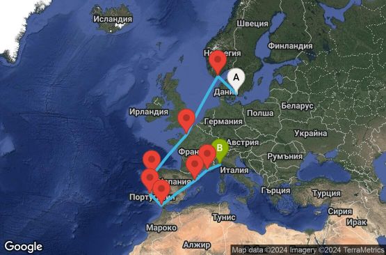 Маршрут на круиз 11 дни Дания, Норвегия, Франция, Испания, Португалия, Италия - CPH11A0A