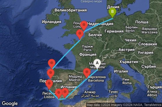 Маршрут на круиз 12 дни Франция, Испания, Португалия, Великобритания, Германия - MRS12A07