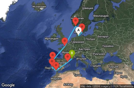 Маршрут на круиз 11 дни Германия, Дания, Норвегия, Франция, Испания, Португалия - KEL11A08