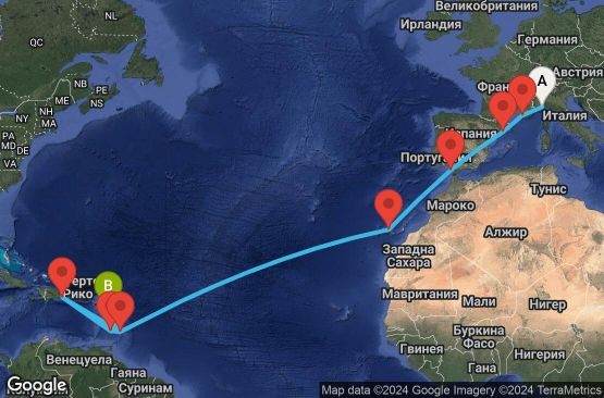 Маршрут на круиз 19 дни Италия, Франция, Испания, Барбадос, Доминиканска република, Сейнт Винсент и Гренадини, Гваделупа - SVN19A0I