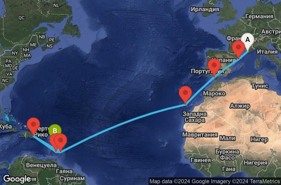Маршрут на круиз 18 дни Франция, Испания, Барбадос, Доминиканска република, Сейнт Винсент и Гренадини, Гваделупа - MRS18A0H