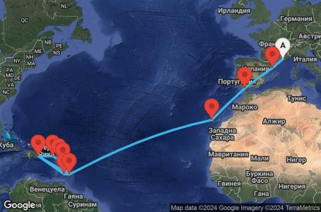 Маршрут на круиз 21 дни Франция, Испания, Барбадос, Доминиканска република, Сейнт Винсент и Гренадини, Гваделупа, Сейнт Китс и Невис, Британски вирджински острови - MRS21A0U