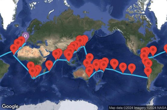 Маршрут на круиз 128 дни Испания, Мароко, Барбадос, Колумбия, Панама, Еквадор, Перу, Чили, Великобритания, Френска Полинезия, Самоа, Тонга, Фиджи, Вануату, Нова Каледония, Австралия, Папуа-Нова Гвинея, Япония, Южна Корея, Тайван, Хонг Конг, Виетнам, Сингапур, Малайзия, Шри Ланка, Малдивите, Мавриций, Южна Африка, Намибия, Кабо Верде - BCNC8A01