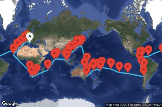 Маршрут на круиз 134 дни Италия, Франция, Испания, Мароко, Барбадос, Колумбия, Панама, Еквадор, Перу, Чили, Великобритания, Френска Полинезия, Самоа, Тонга, Фиджи, Вануату, Нова Каледония, Австралия, Папуа-Нова Гвинея, Япония, Южна Корея, Тайван, Хонг Конг, Виетнам, Сингапур, Малайзия, Шри Ланка, Малдивите, Мавриций, Южна Африка, Намибия, Кабо Верде - NAPD4A01