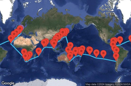 Маршрут на круиз 130 дни Франция, Испания, Мароко, Барбадос, Колумбия, Панама, Еквадор, Перу, Чили, Великобритания, Френска Полинезия, Самоа, Тонга, Фиджи, Вануату, Нова Каледония, Австралия, Папуа-Нова Гвинея, Япония, Южна Корея, Тайван, Хонг Конг, Виетнам, Сингапур, Малайзия, Шри Ланка, Малдивите, Мавриций, Южна Африка, Намибия, Кабо Верде - MRSD0A01