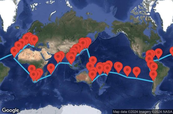 Маршрут на круиз 139 дни Италия, Франция, Испания, Мароко, Барбадос, Колумбия, Панама, Еквадор, Перу, Чили, Великобритания, Френска Полинезия, Самоа, Тонга, Фиджи, Вануату, Нова Каледония, Австралия, Папуа-Нова Гвинея, Япония, Южна Корея, Тайван, Хонг Конг, Виетнам, Сингапур, Малайзия, Шри Ланка, Малдивите, Мавриций, Южна Африка, Намибия, Кабо Верде, Гърция - BRID9A01