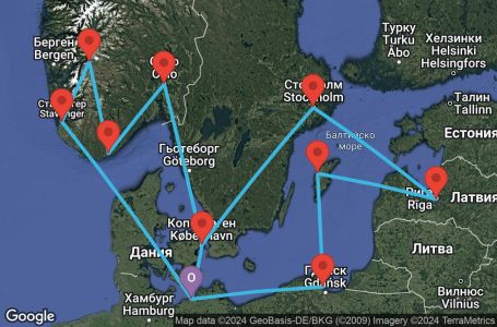 Маршрут на круиз Warnemunde,Gdynia,Visby,Riga,Stockholm,Copenhagen,Warnemunde,Stavanger,Eidfjord,Kristiansand,Oslo,Copenhagen,Warnemunde - UWOI