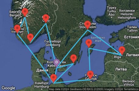 Маршрут на круиз Copenhagen,Karlskrona,Warnemunde,Gdynia,Visby,Riga,Stockholm,Copenhagen,Warnemunde,Stavanger,Eidfjord,Kristiansand,Oslo,Copenhagen - UWOD