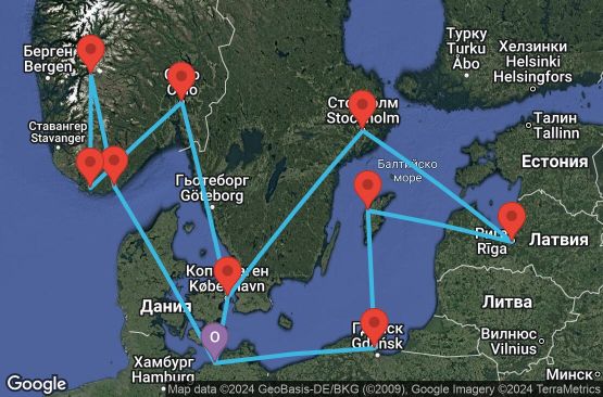 Маршрут на круиз Warnemunde,Kristiansand,Eidfjord,Lyngdal,Oslo,Copenhagen,Warnemunde,Gdynia,Visby,Riga,Stockholm,Copenhagen,Warnemunde - UWO1
