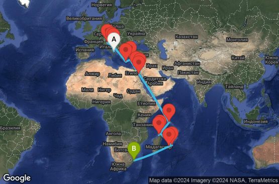 Маршрут на круиз 28 дни Италия, Хърватска, Гърция, Египет, Йордания, Сейшелски острови, Мадагаскар, Мавриций, Реюнион, Южна Африка - UWQ8